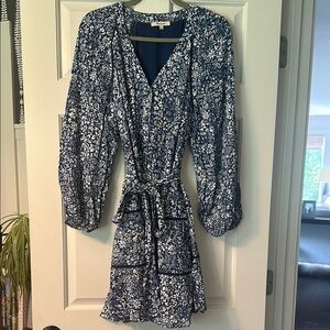 Madewell Blue and White Wrap Sundress with Bishop Sleeves